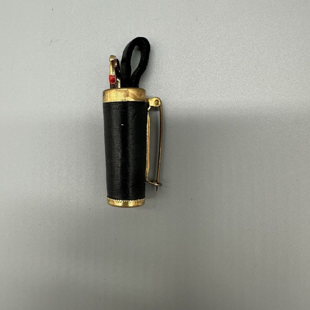 Vintage Cane Holder Brooch Pin Jacket Hat Brooch Gold Tone Black Leather 2” - Picture 2 of 6